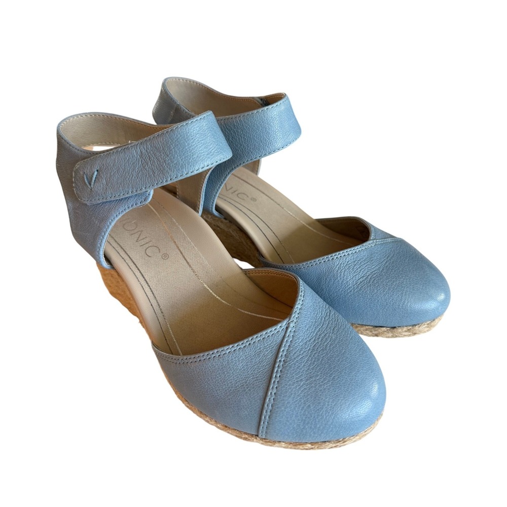 Vionic Loika Wedge Sandals Size 5 Light Blue Leather Espadrille Orthotic Comfort